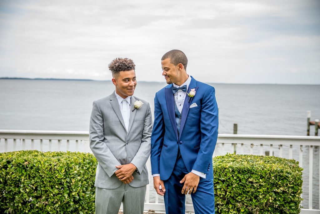 groom and groomsmen navy suit and grey suit