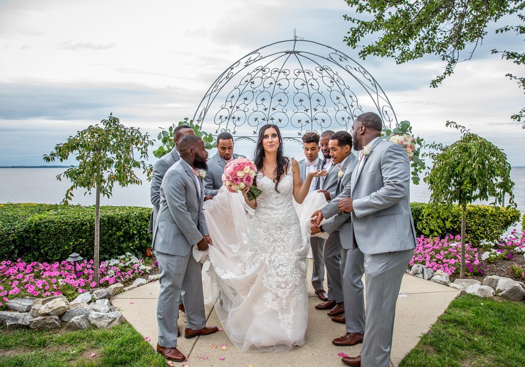 bride with grey groomsmen